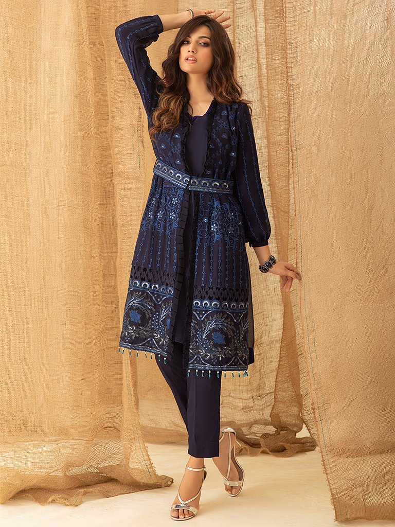 Bold Blue - 1pc Unstitched Luxury Embroidered Chiffon Shirt with Inner (WK-00757)